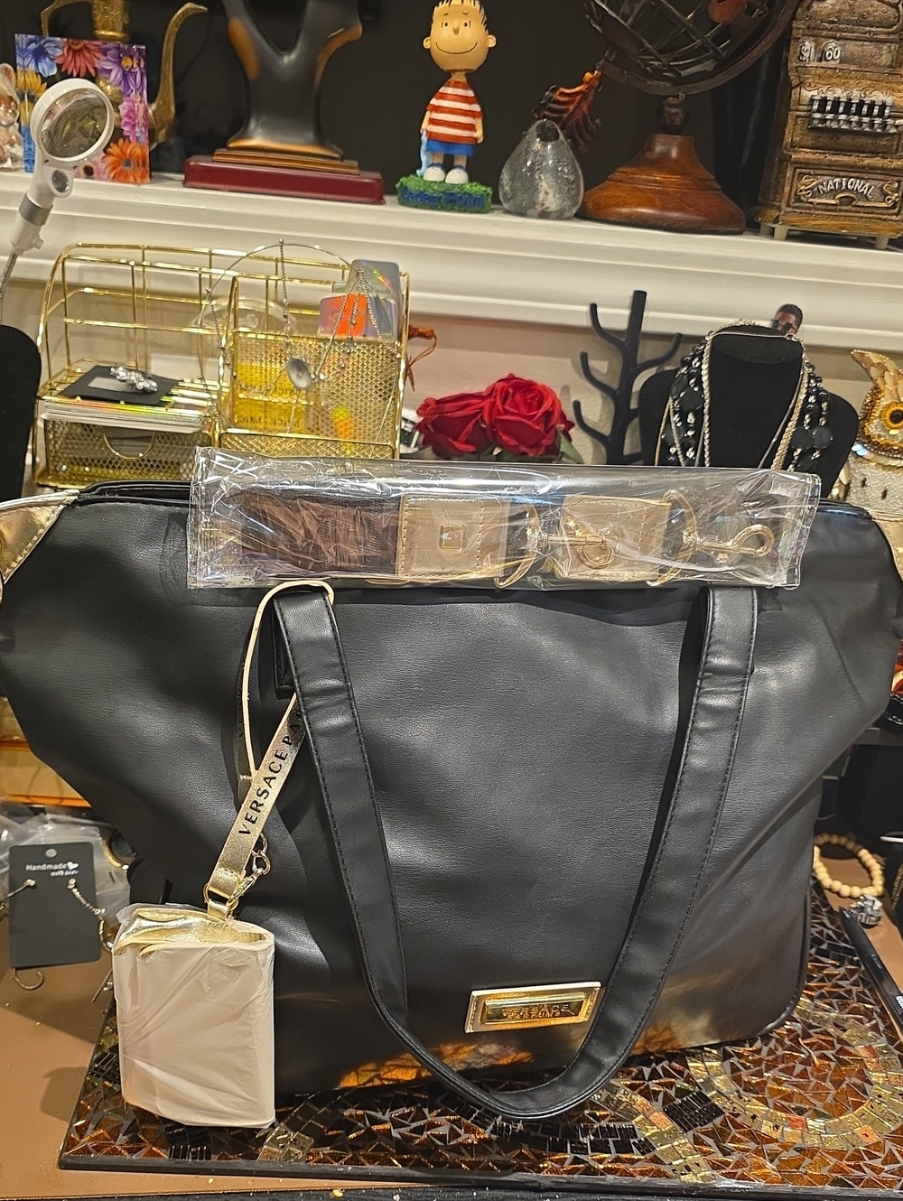 Versace Black Tote with Gold Hardware and Strap
